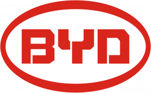 Second logo, contour d'une ellipse en rouge, à l'intérieur il y a les trois lettres B, Y et D également en rouge. Les lettres sont épaisses, le lettrage est brut, et original.